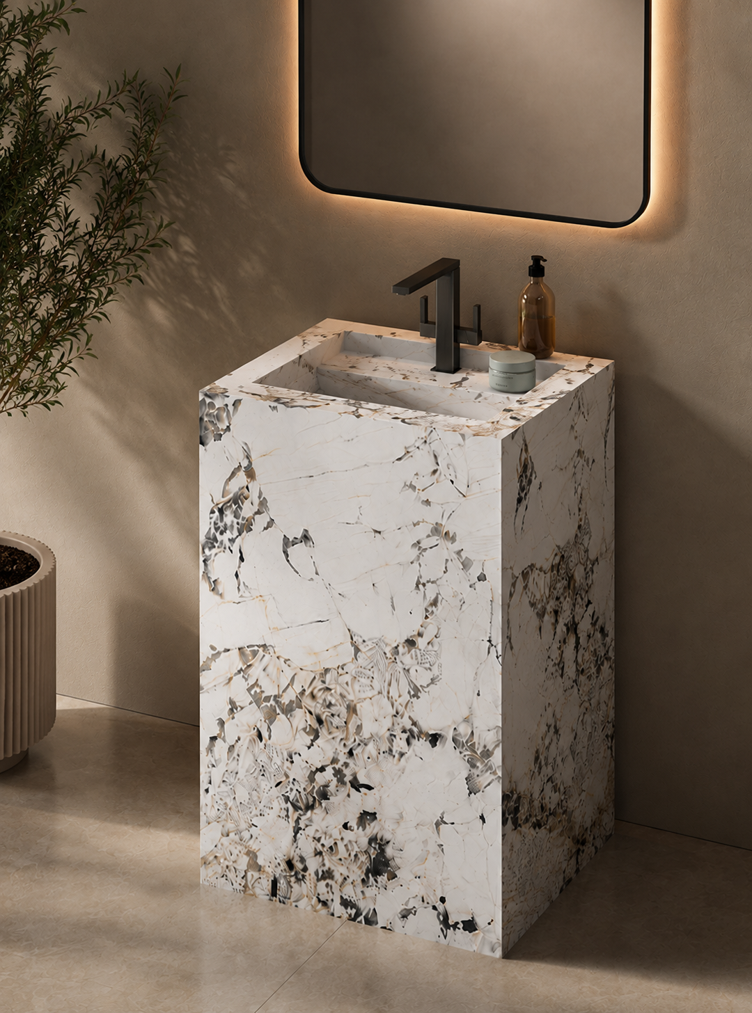 Marble-textured freestanding sink with faucet and mirror in a bathroom setting