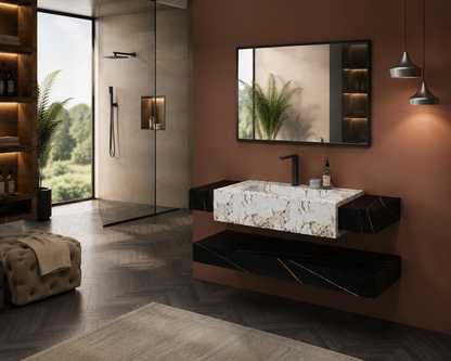 Modern bathroom with marble sink and large mirror, featuring a glass shower door and plant decor.