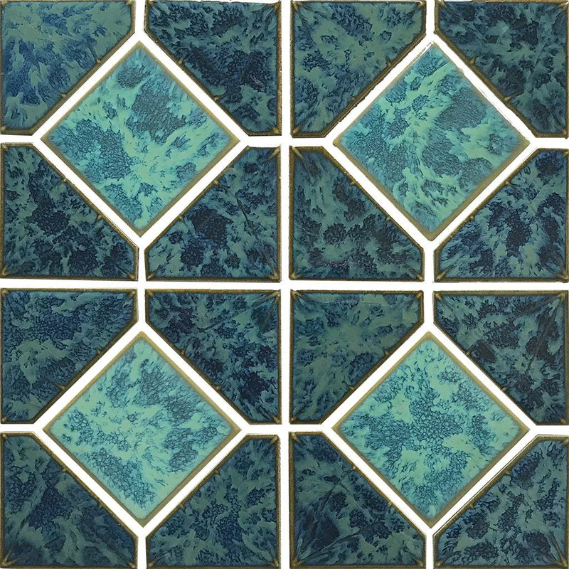 Aquatica Gulf Blue Akron Porcelain Mosaic Tile 12"x12" - Diamond Reflection Collection