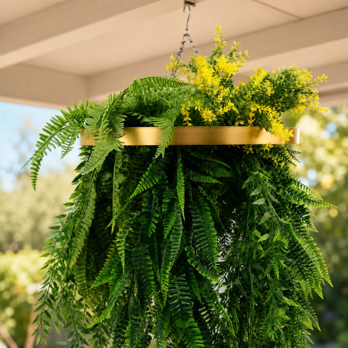 Artificial Hanging Plant Chandelier – Bright Tropical Foliage Circular Ring (25.6in long) Gold Frame – UV Resistant