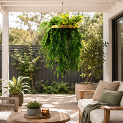 Artificial Hanging Plant Chandelier – Bright Tropical Foliage Circular Ring (25.6in long) Gold Frame – UV Resistant
