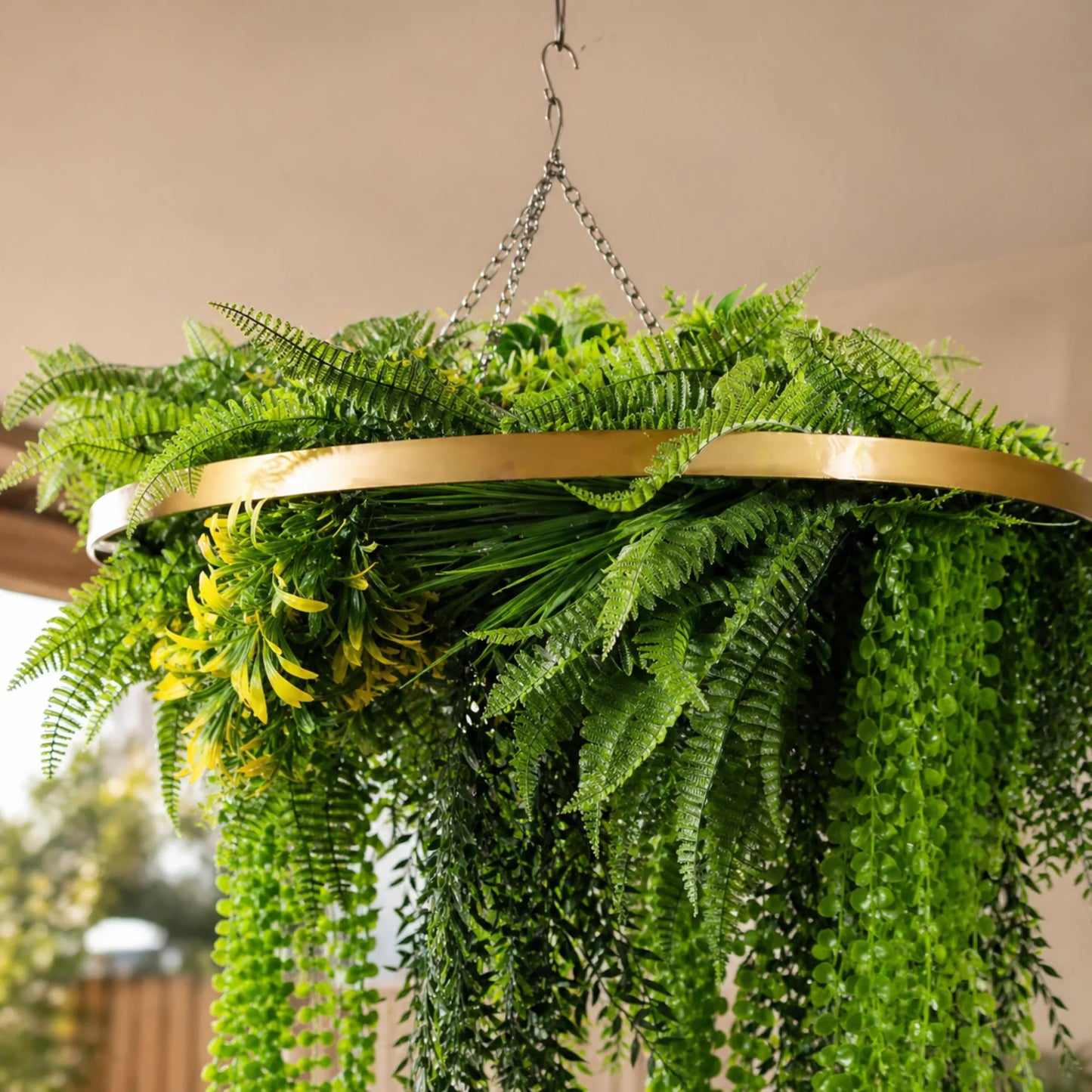 Artificial Hanging Plant Chandelier – Draping Fern Circular Ring (33in long) Gold Frame – UV Resistant