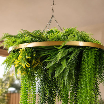Artificial Hanging Plant Chandelier – Draping Fern Circular Ring (33in long) Gold Frame – UV Resistant