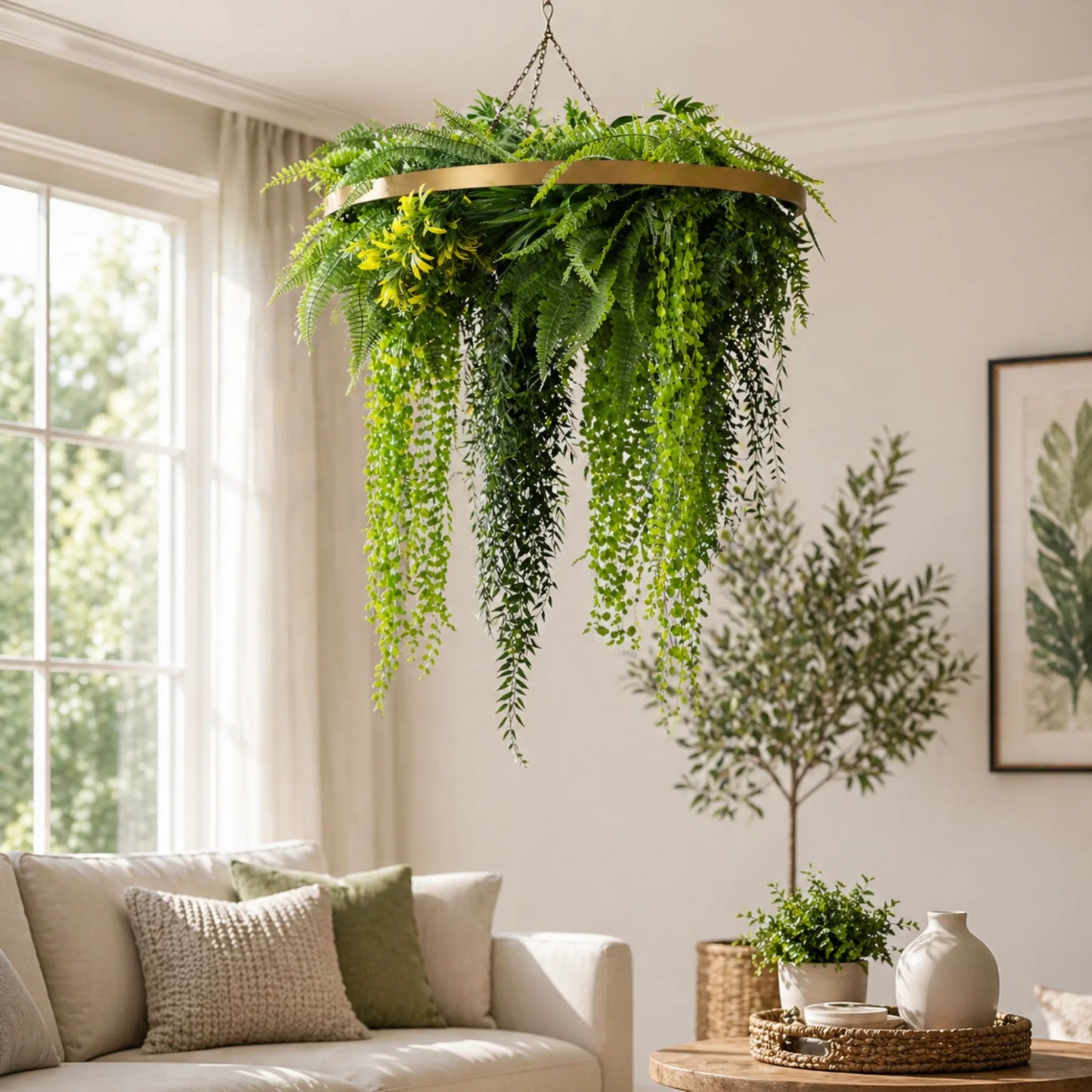 Artificial Hanging Plant Chandelier – Draping Fern Circular Ring (33in long) Gold Frame – UV Resistant