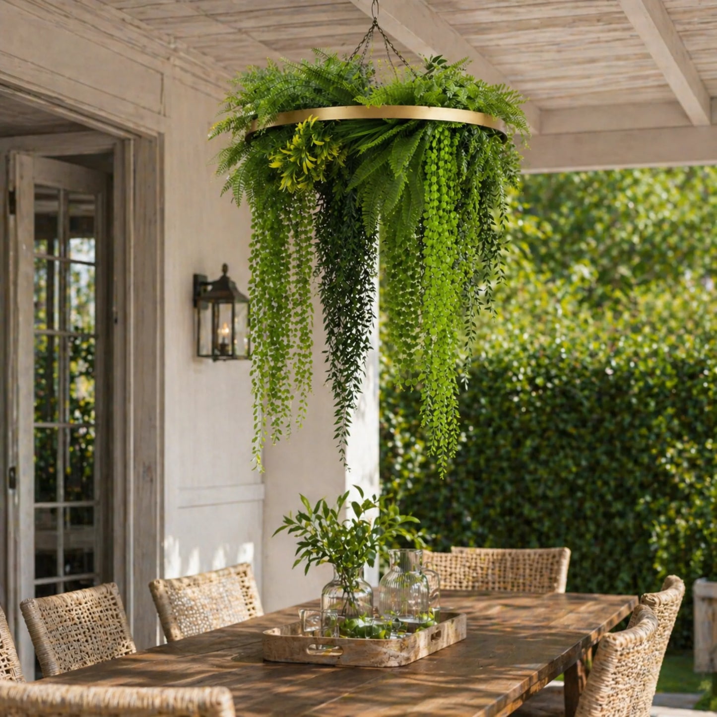 Artificial Hanging Plant Chandelier – Draping Fern Circular Ring (33in long) Gold Frame – UV Resistant
