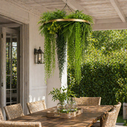 Artificial Hanging Plant Chandelier – Draping Fern Circular Ring (33in long) Gold Frame – UV Resistant