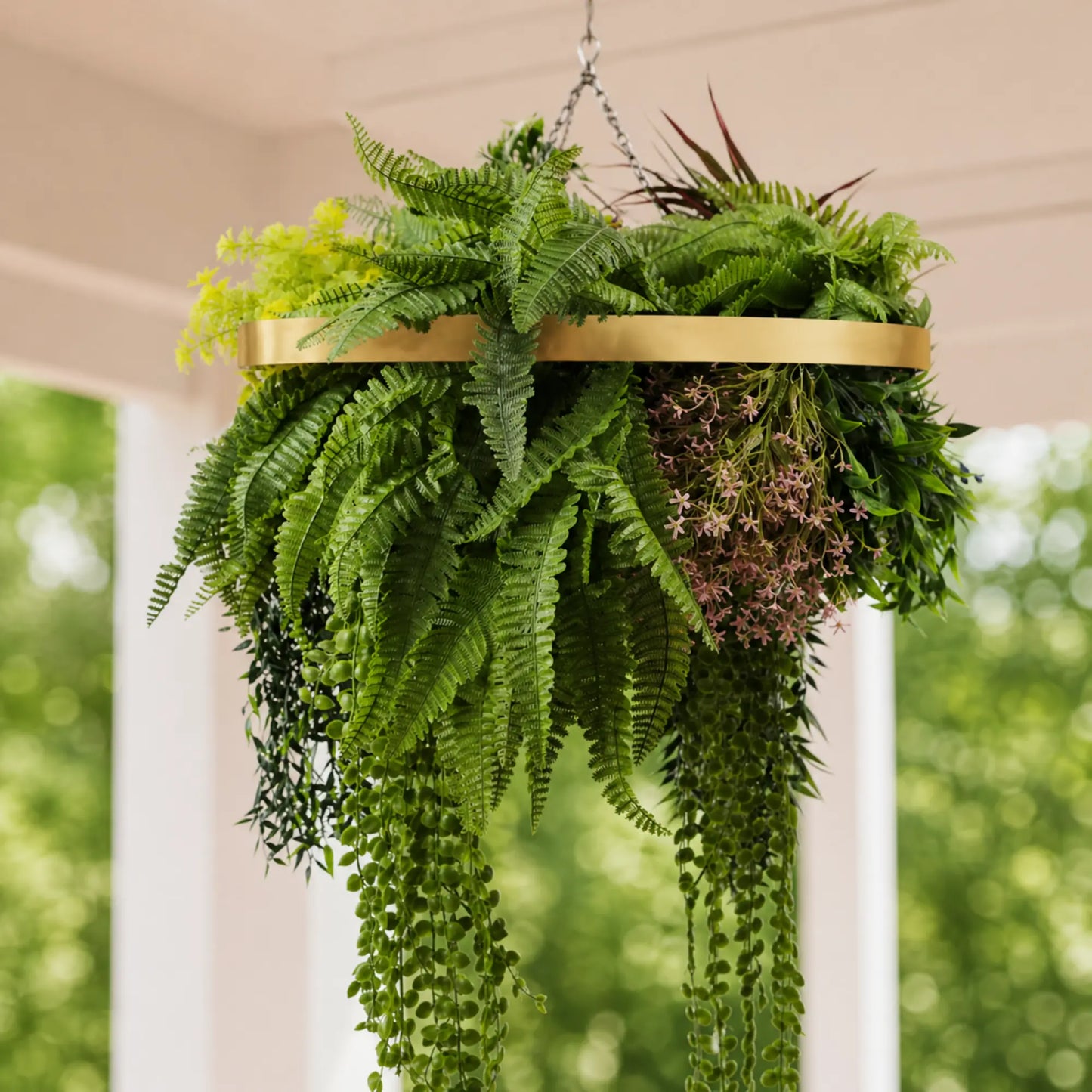 Artificial Hanging Plant Chandelier – Tropical Foliage Circular Ring (24.8in long) Gold Frame – UV Resistant