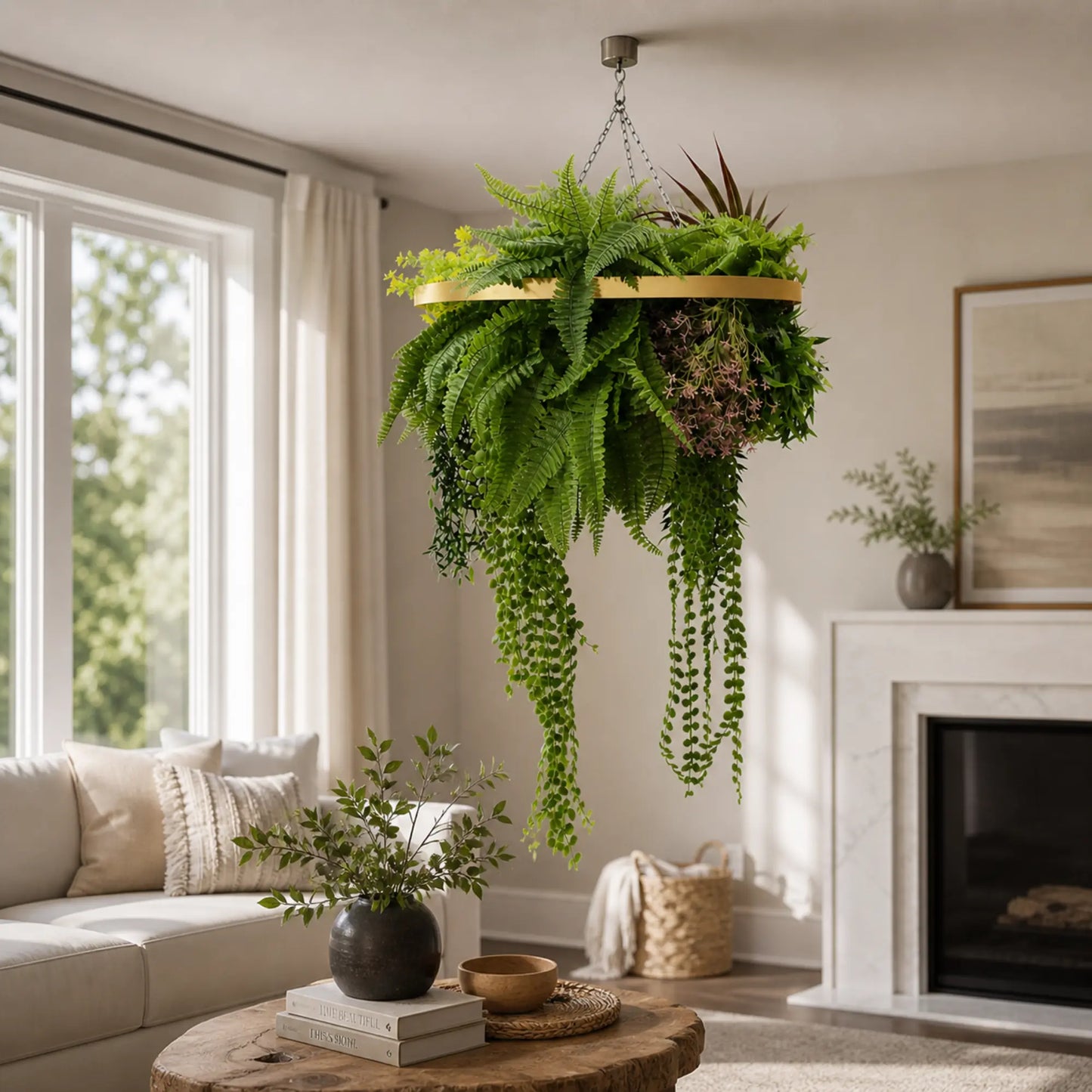 Artificial Hanging Plant Chandelier – Tropical Foliage Circular Ring (24.8in long) Gold Frame – UV Resistant