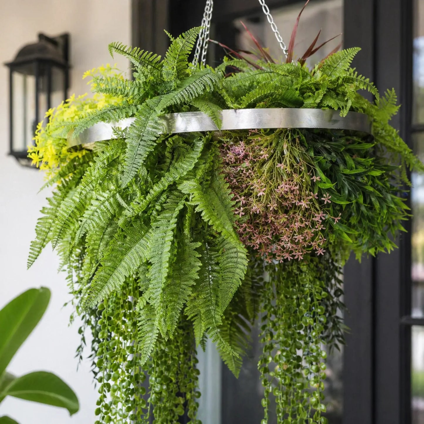 Artificial Hanging Plant Chandelier – Tropical Foliage Circular Ring (24.8in long) Silver Frame – UV Resistant
