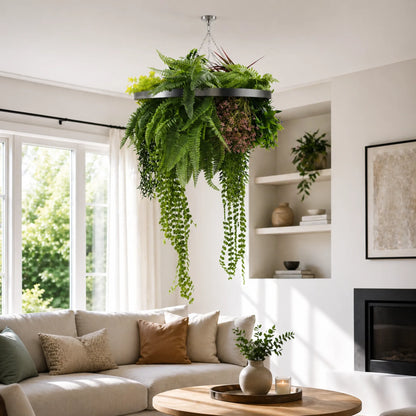 Artificial Hanging Plant Chandelier – Tropical Foliage Circular Ring (24.8in long) Silver Frame – UV Resistant
