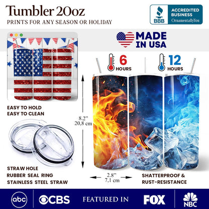 American Flag Sequin Print 20oz Personalized Tumbler With Lid and Stainless Steel Straw, Patriotic USA Stars and Stripes Gift Cup