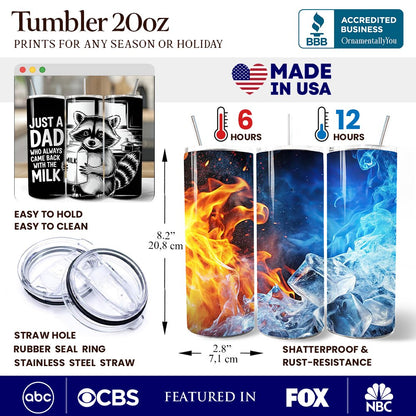 Just A Dad Who Always Came Back With The Milk 20oz Personalized Tumbler With Lid and Stainless Steel Straw, Funny Raccoon Dad Gift Cup