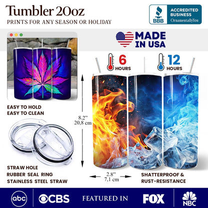 Neon Cannabis Leaf 20oz Personalized Tumbler With Lid and Stainless Steel Straw, Psychedelic Weed Aesthetic Gift Cup