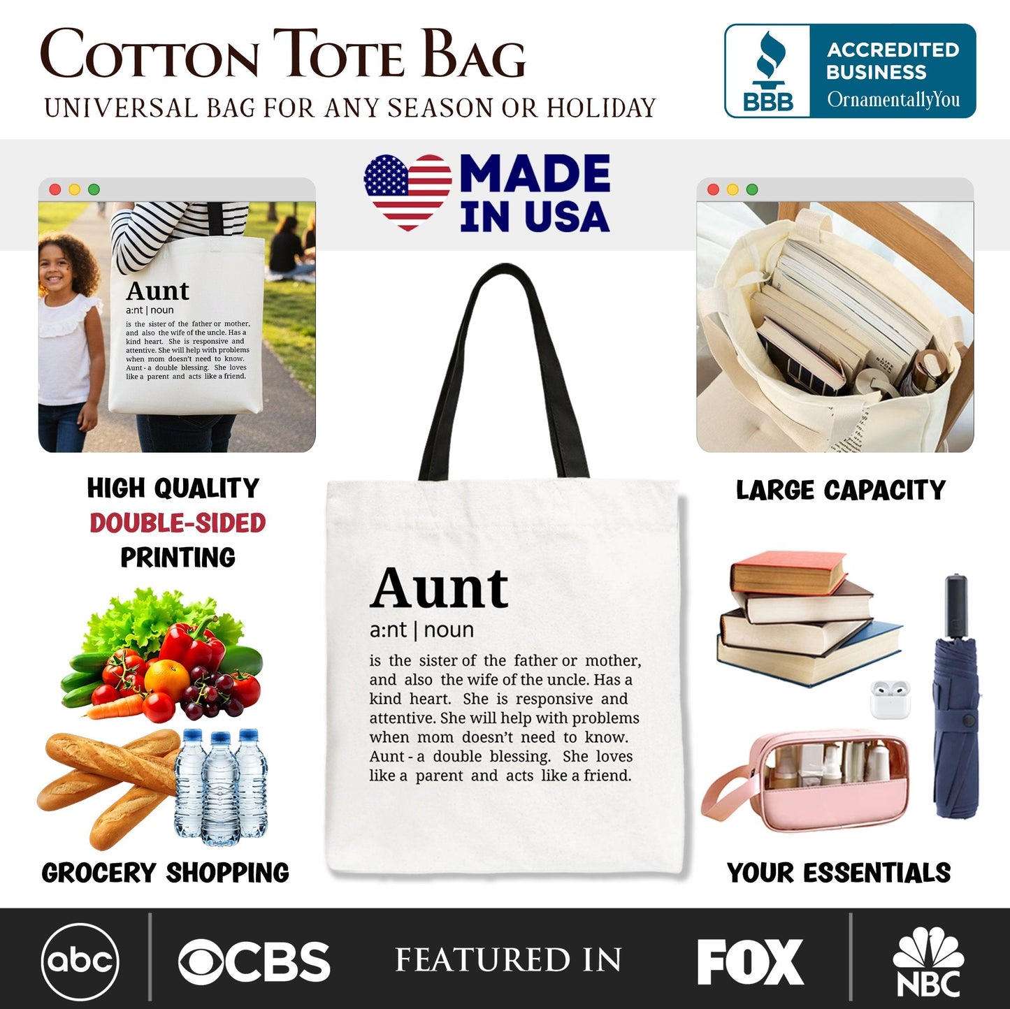 Aunt Definition Canvas Tote Bag, Funny Family Gift Shopper