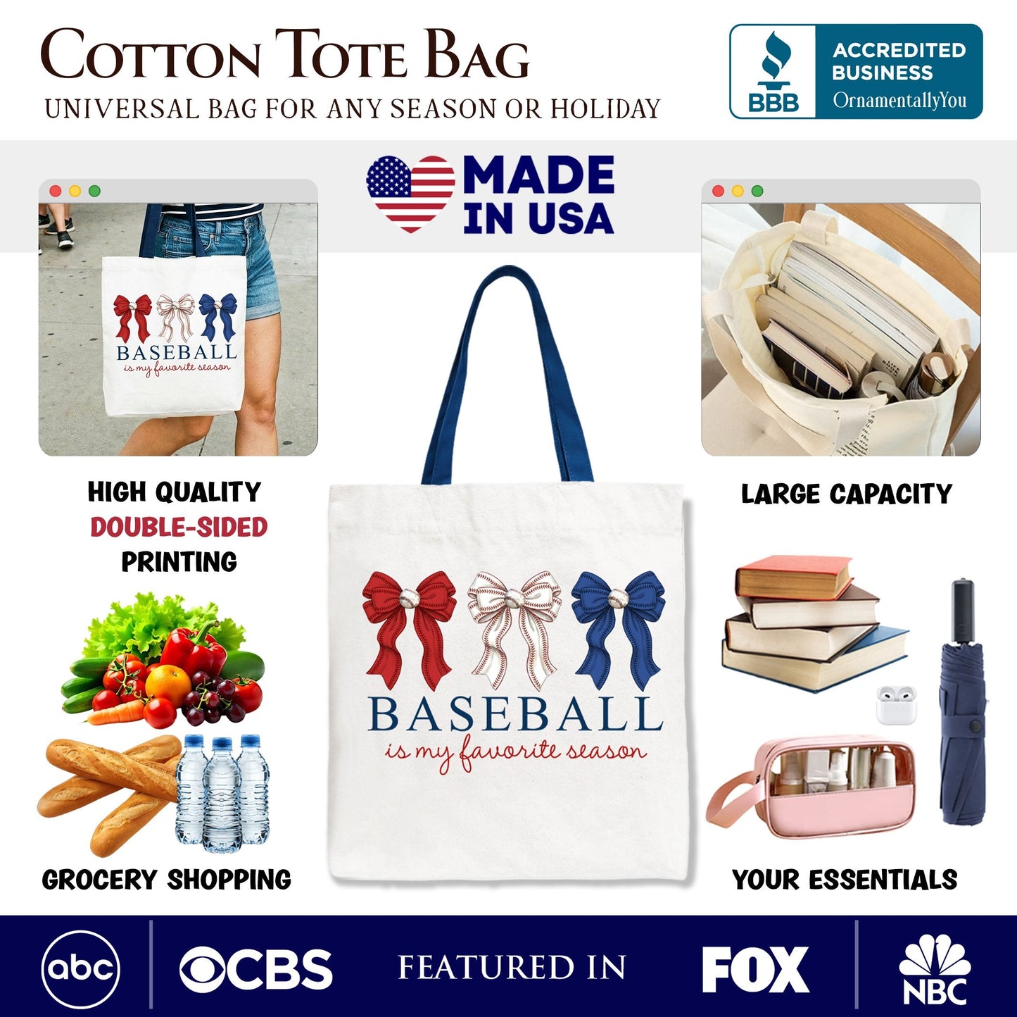 Baseball Is My Favorite Season Tote Bag, Coquette Bow Game Day Gift Shopper