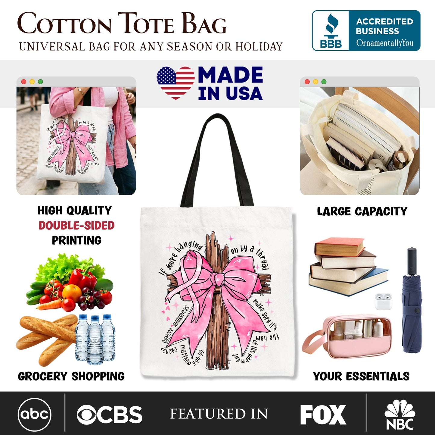 Breast Cancer Pink Bow Cross Tote Bag, Awareness Faith Christian Gift Shopper