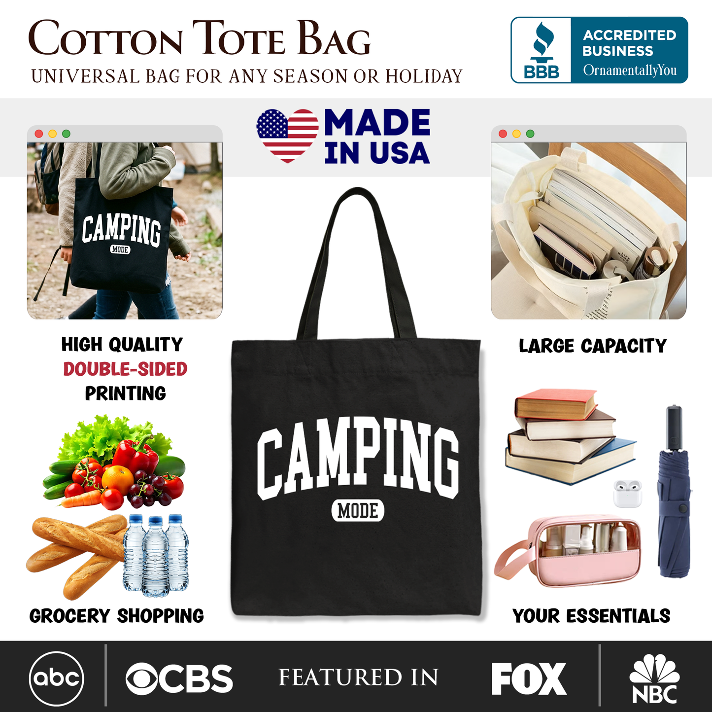 Camping Mode Varsity Tote Bag, Minimalist Outdoors Gift Shopper