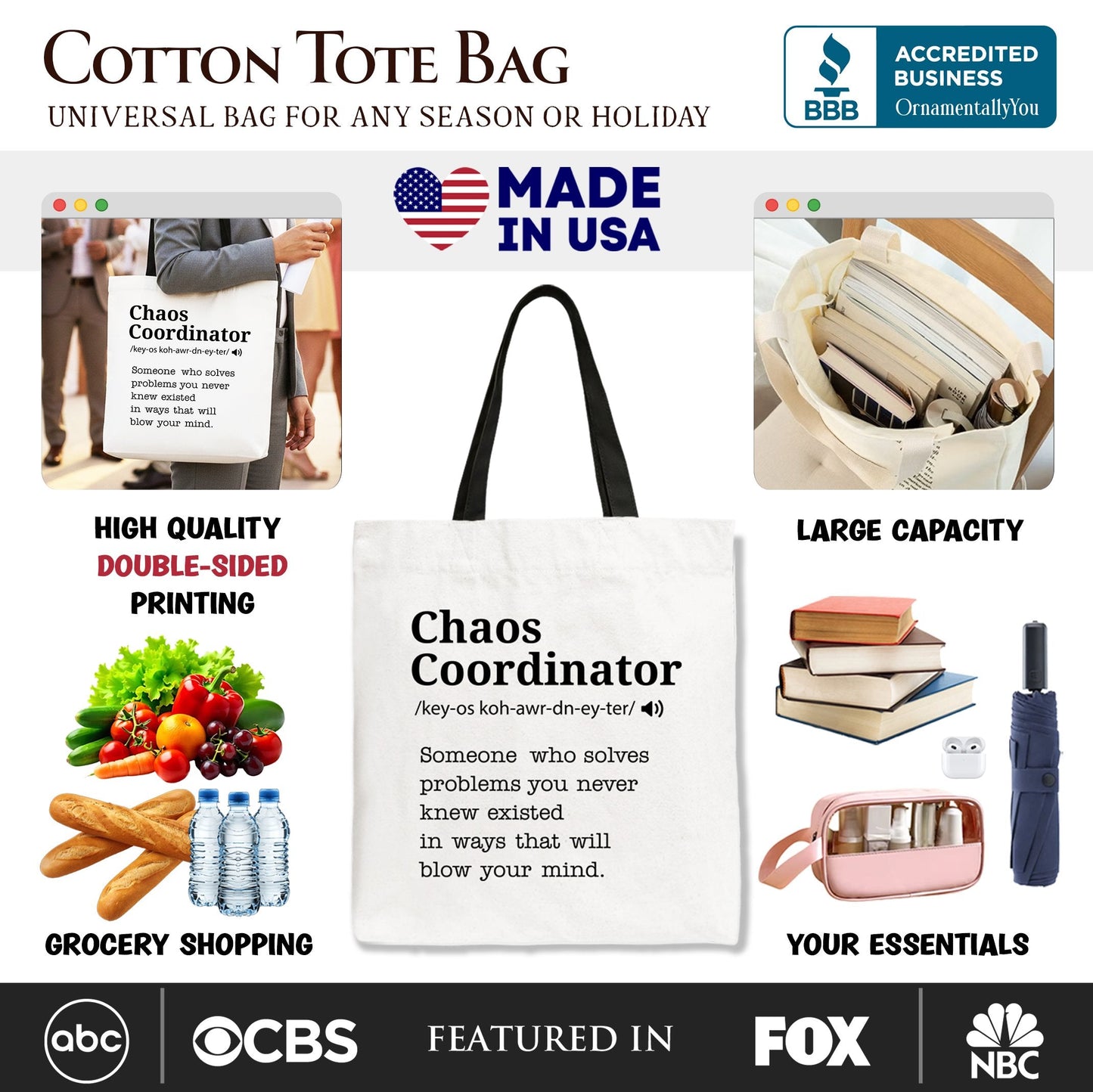 Chaos Coordinator Definition Canvas Tote Bag, Funny Gift Shopper for Busy Moms