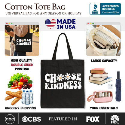 Choose Kindness Daisies Tote Bag, Retro Groovy Positive Quote Gift Shopper
