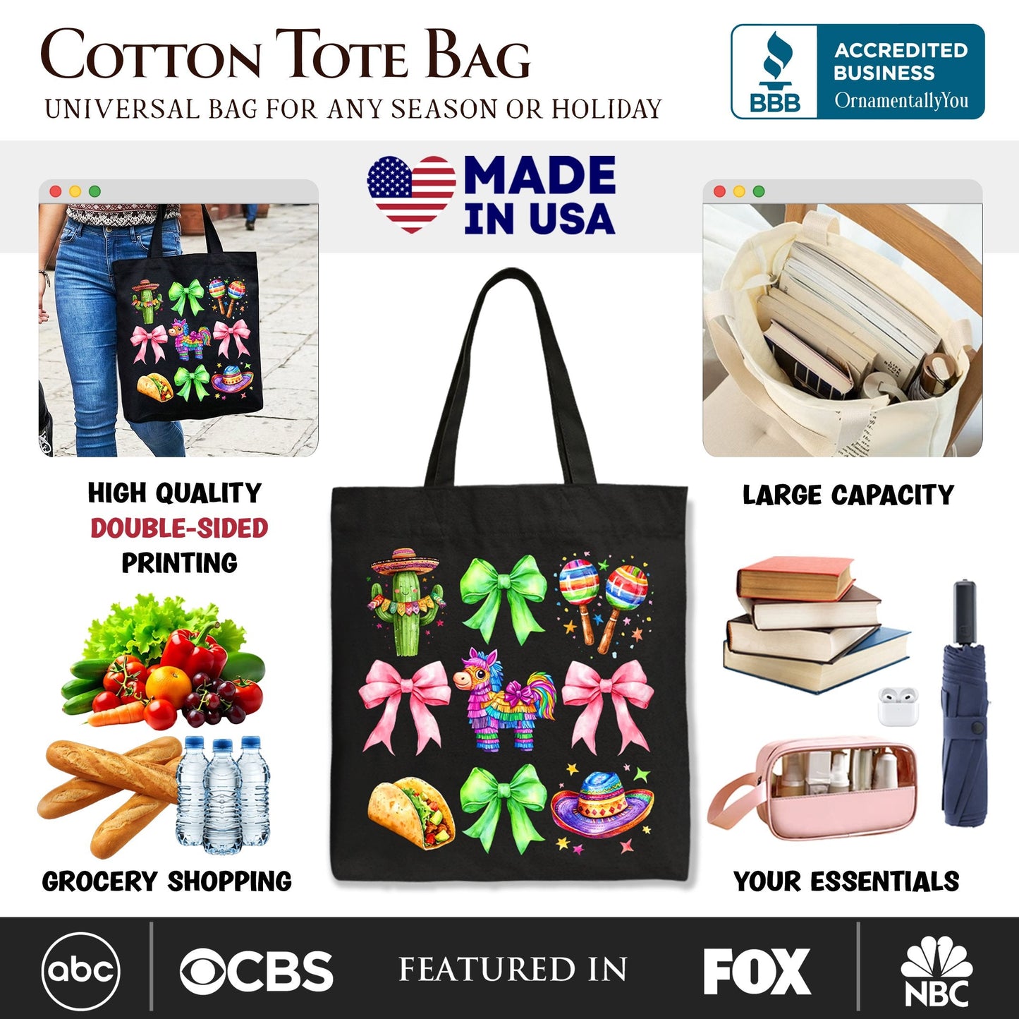 Cinco De Mayo Coquette Bow Tote Bag, Mexican Fiesta Maracas Gift Shopper