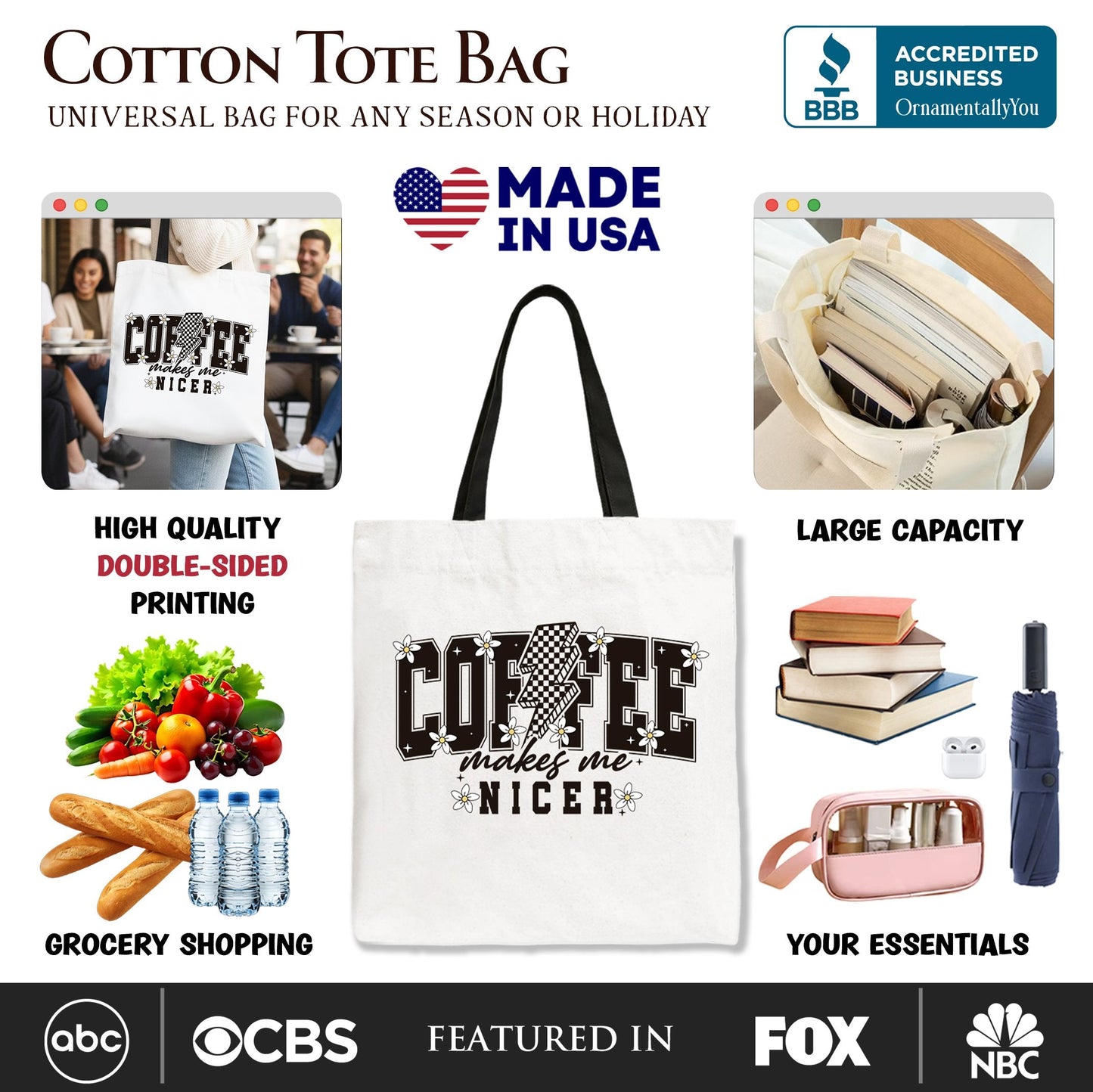Coffee Makes Me Nicer Retro Tote Bag, Trendy Gift Shopper for Stylish Women and Caffeine Lovers