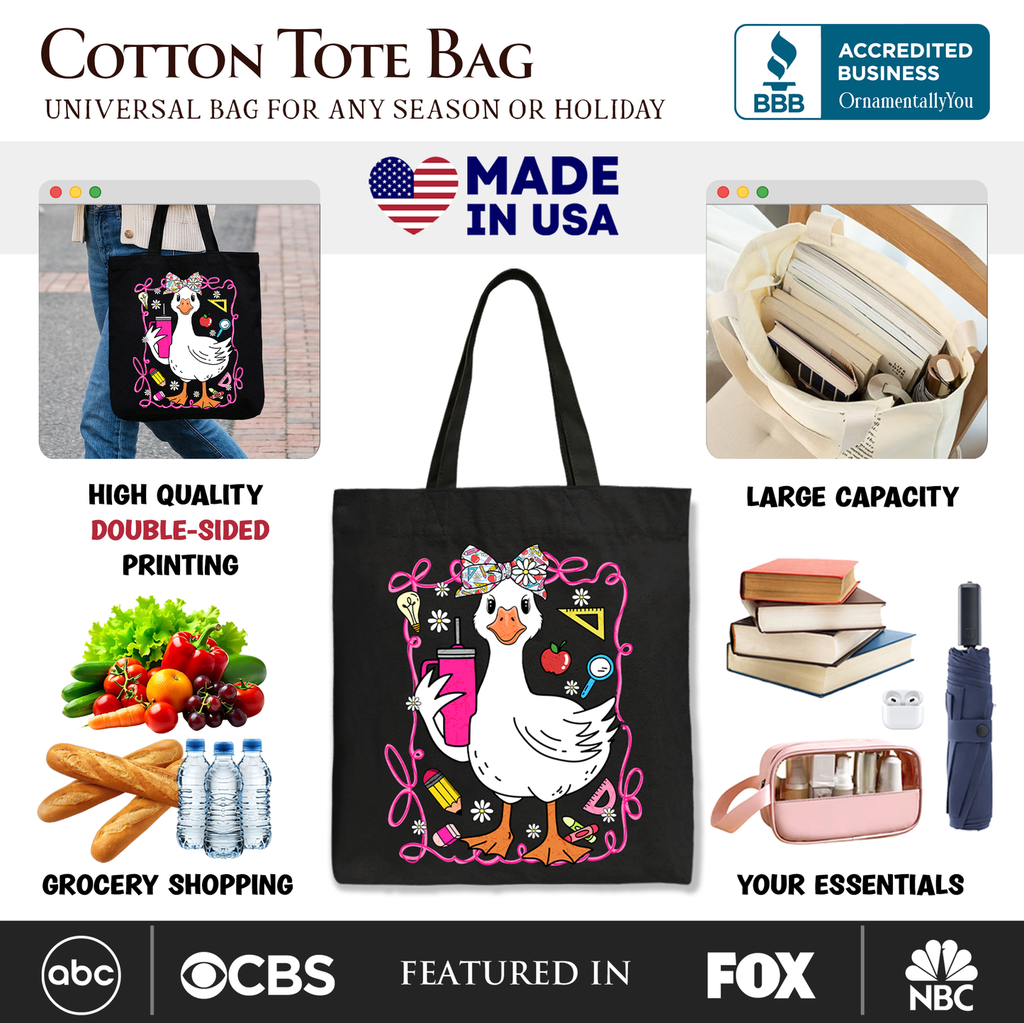 Coquette Teacher Goose Tote Bag, Funny Classroom Gift Shopper for Educators
