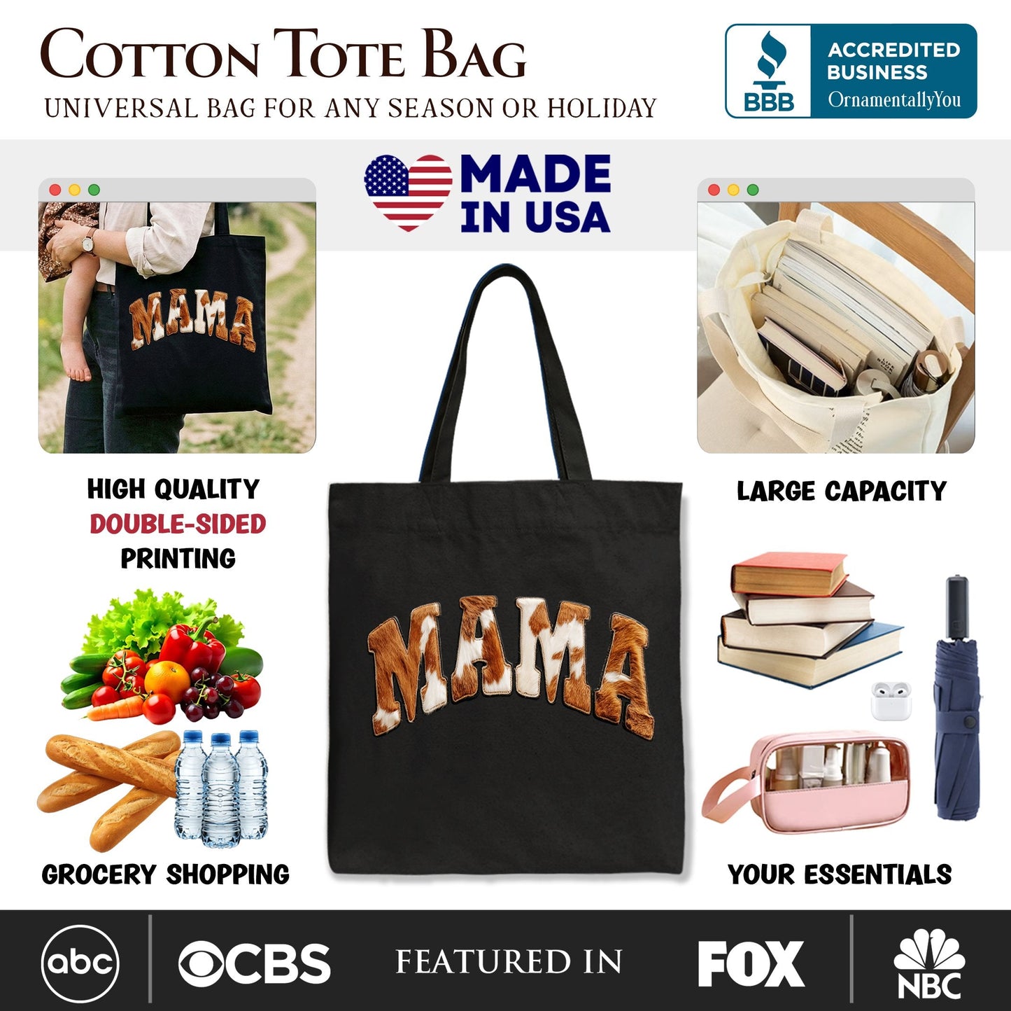Cow Print Mama Western Tote Bag, Faux Cowhide Mom Gift Shopper