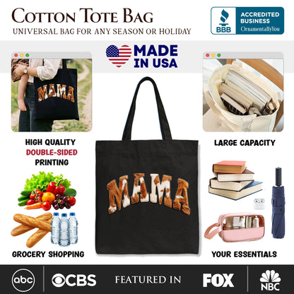 Cow Print Mama Western Tote Bag, Faux Cowhide Mom Gift Shopper