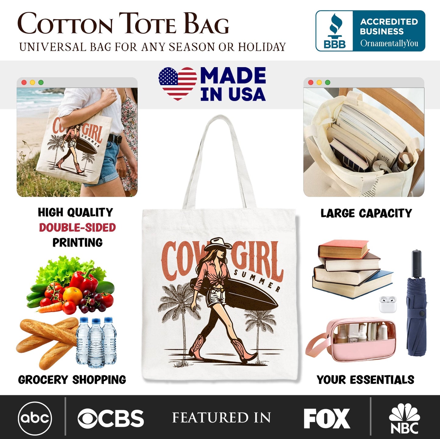 Cowgirl Summer Surf Tote Bag, Retro Western Beach Gift Shopper for Free-Spirited Women
