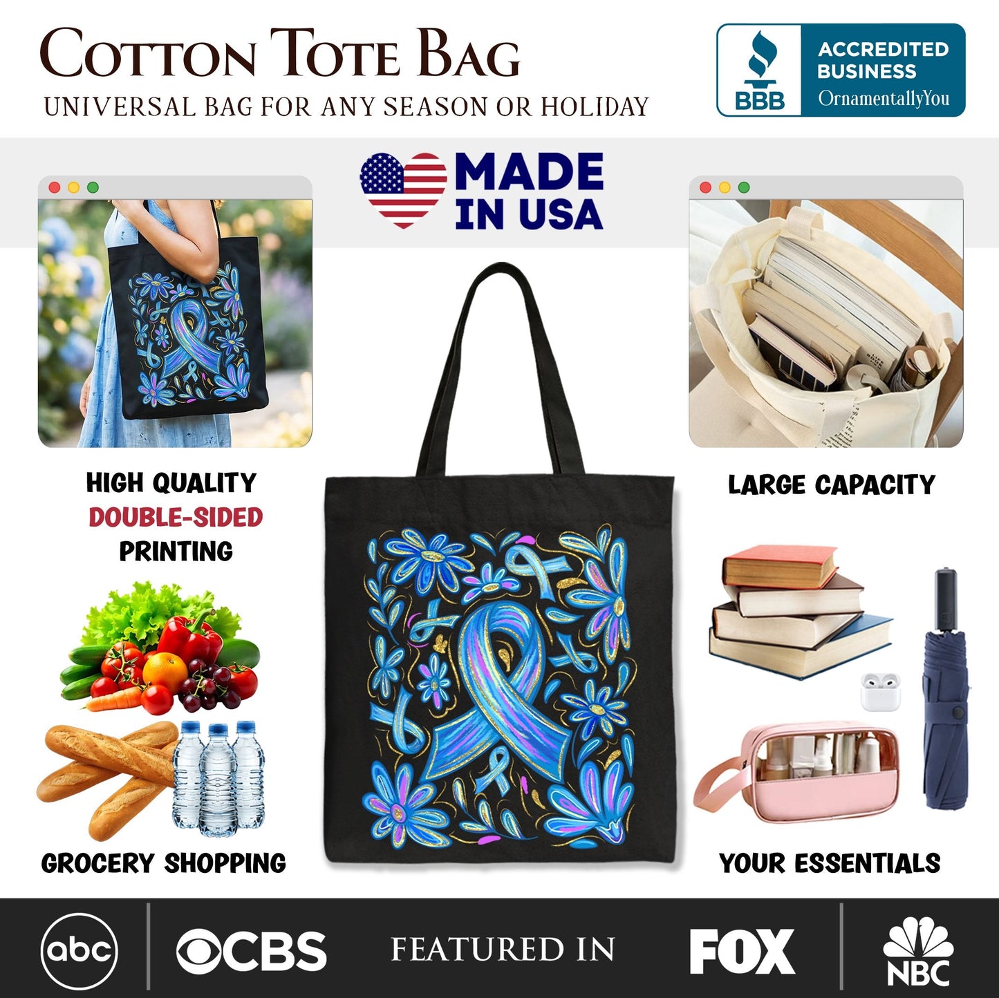 Diabetes Blue Ribbon Floral Tote Bag, Awareness Support Gift Shopper