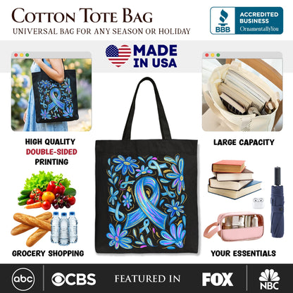 Diabetes Blue Ribbon Floral Tote Bag, Awareness Support Gift Shopper