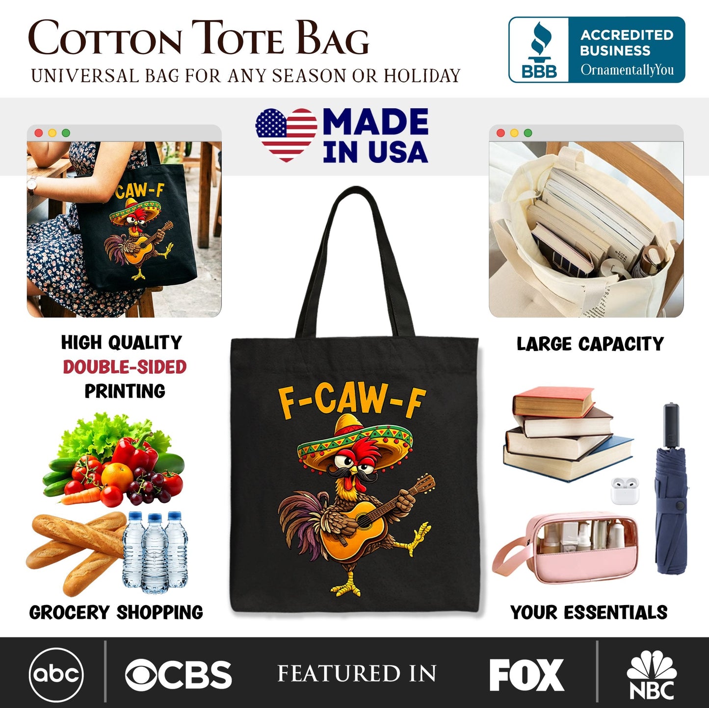 F-CAW-F Rooster Cinco De Mayo Tote Bag, Funny Mexican Gift Shopper