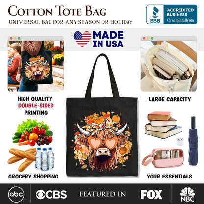 Fall Highland Cow Tote Bag, Messy Bun Howdy Gift Shopper with Autumn Vibes