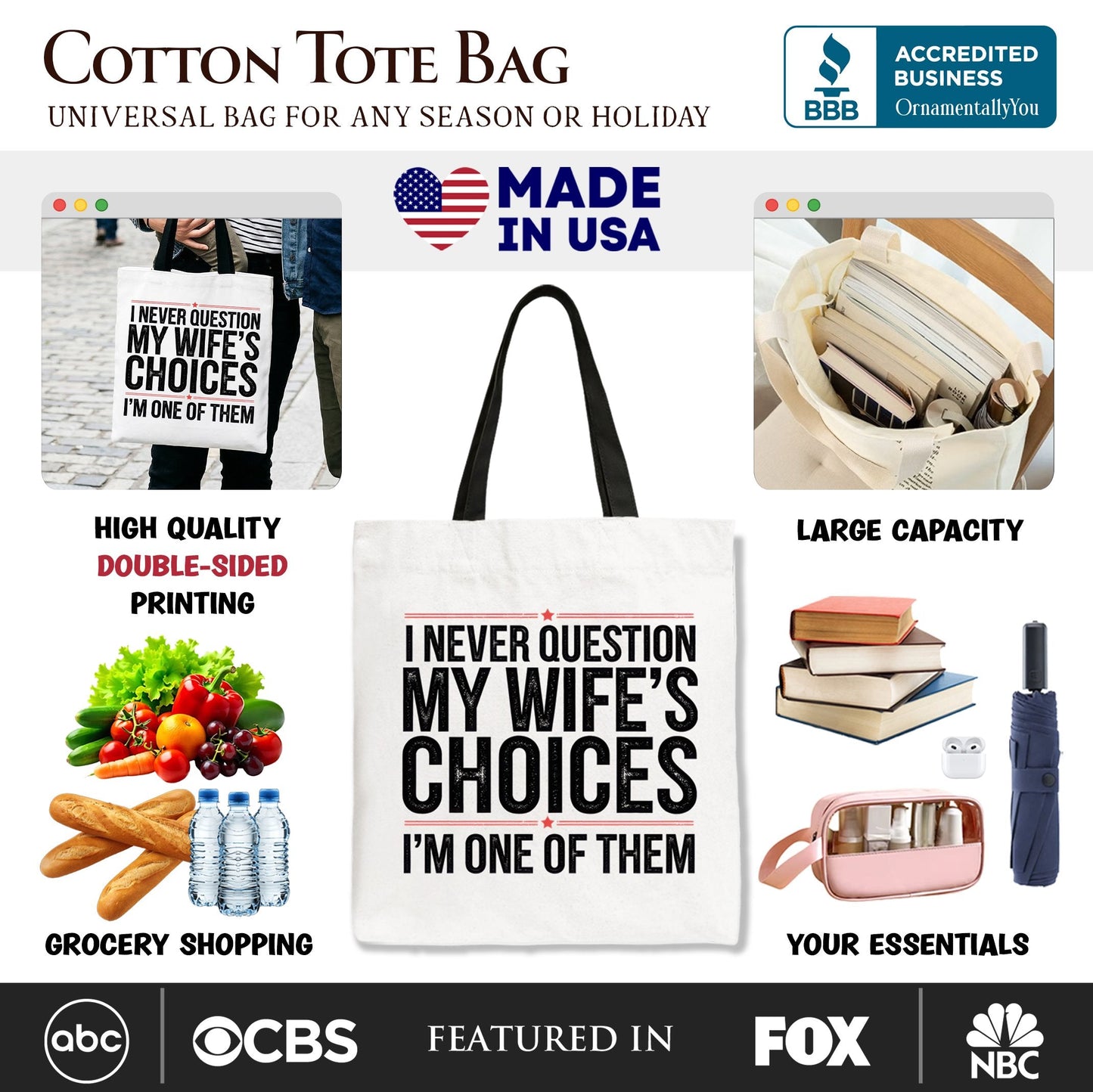 Funny Husband Humor Tote Bag, I Never Question My Wife’s Choices Gift Shopper