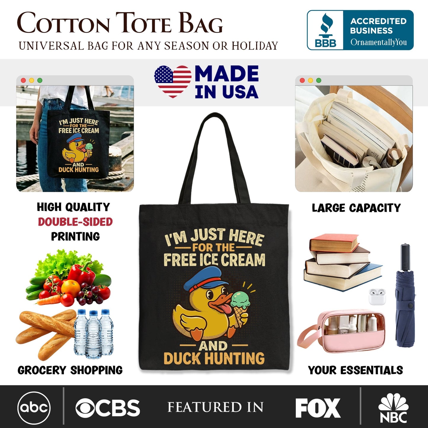 Funny Resin Duck Cruise Tote Bag, Ice Cream And Duck Hunter Vacation Gift Shopper
