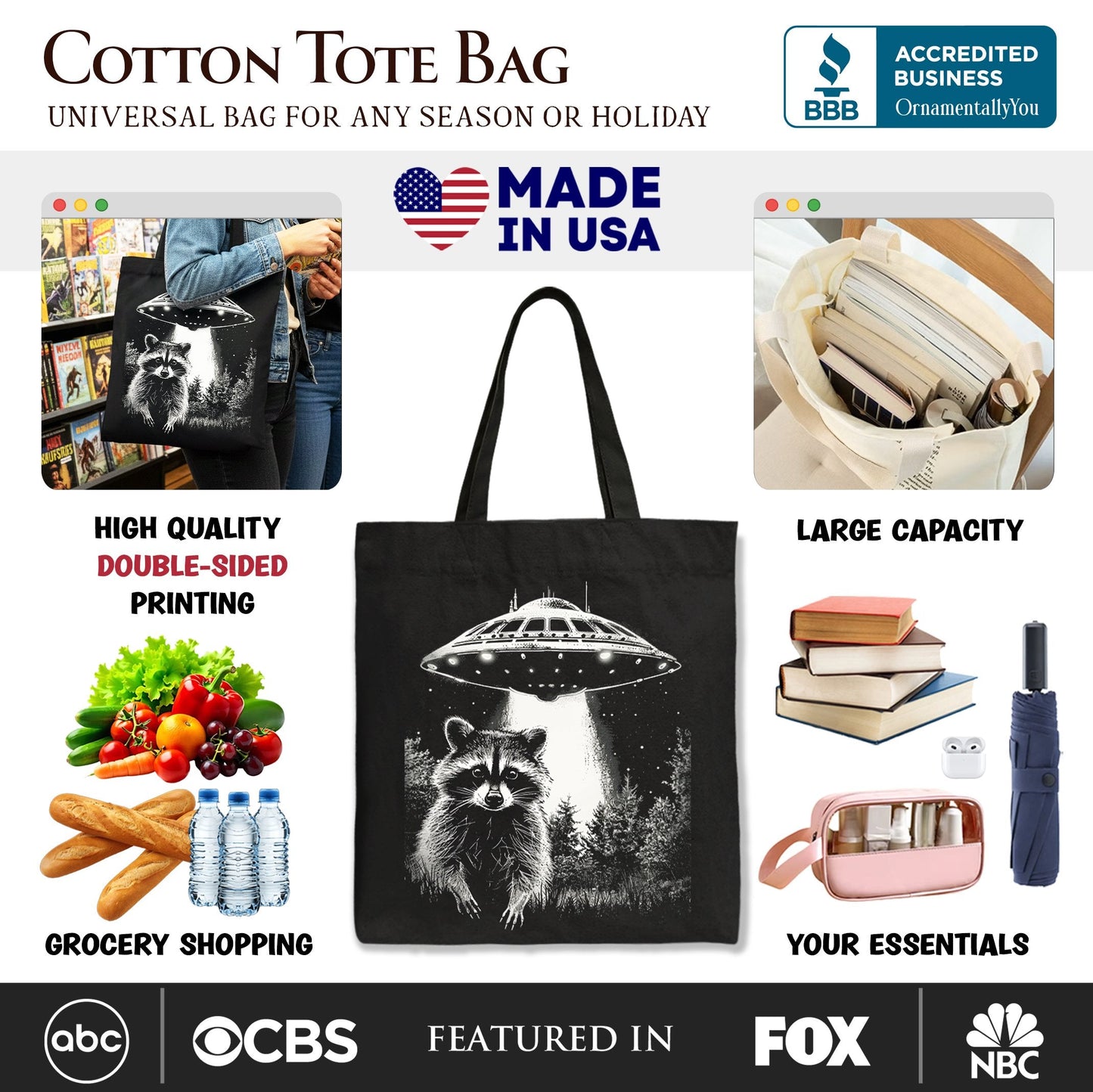 Funny UFO Raccoon Tote Bag, Gift Shopper for Alien Enthusiasts