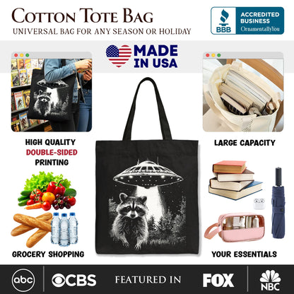 Funny UFO Raccoon Tote Bag, Gift Shopper for Alien Enthusiasts