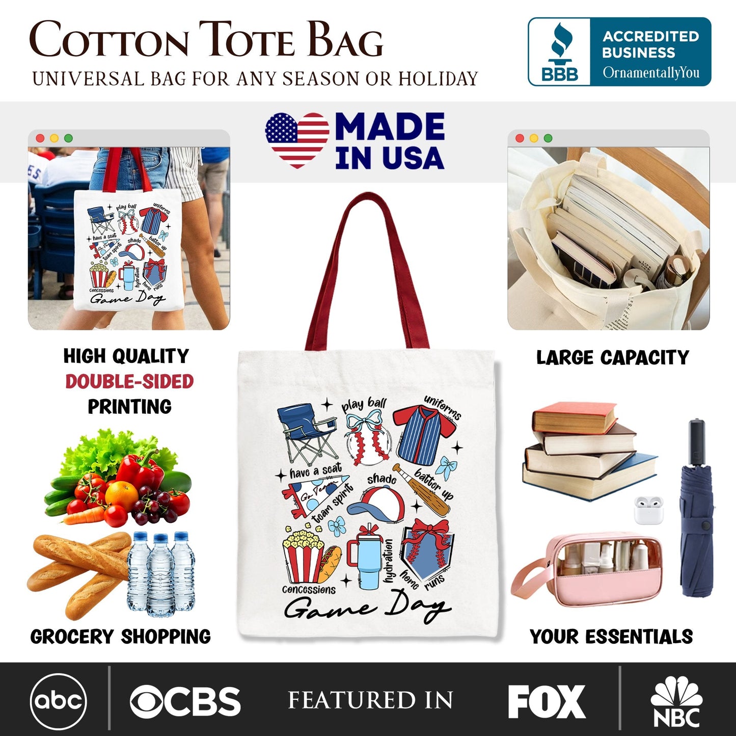 Game Day Baseball Tote Bag, Gift Shopper for Sports Fans