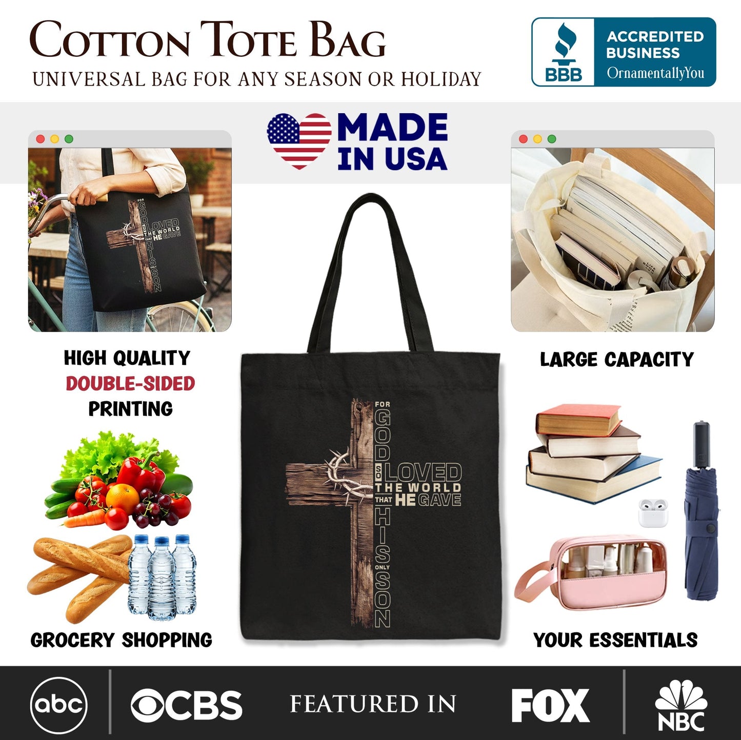 God Gave His Only Son Cross Tote Bag, Christian John 3:16 Faith Gift Shopper