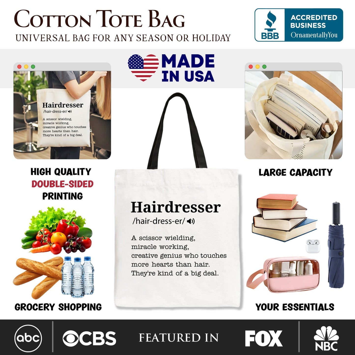 Hairdresser Definition Canvas Tote Bag, Funny Gift Shopper for Creative and Talented Stylists