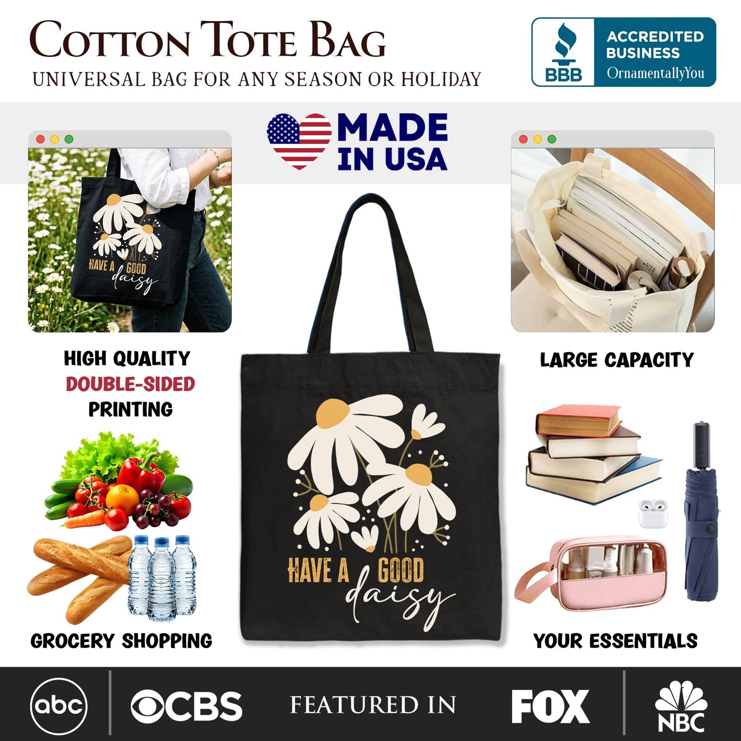 Have a Good Daisy Tote Bag, Floral Gift Shopper with Positive Retro Vibes