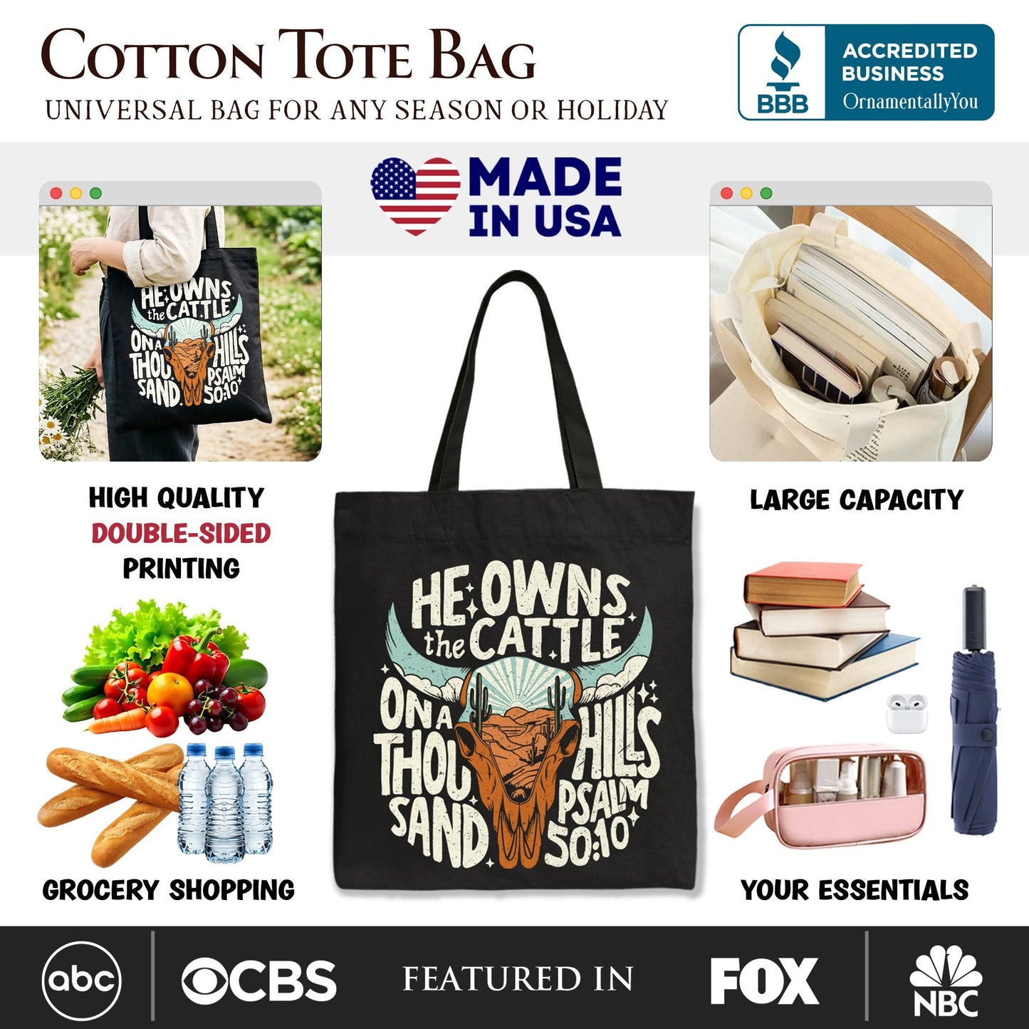 He Owns the Cattle On a Thousand Hills Tote Bag, Christian Western Faith Gift Shopper