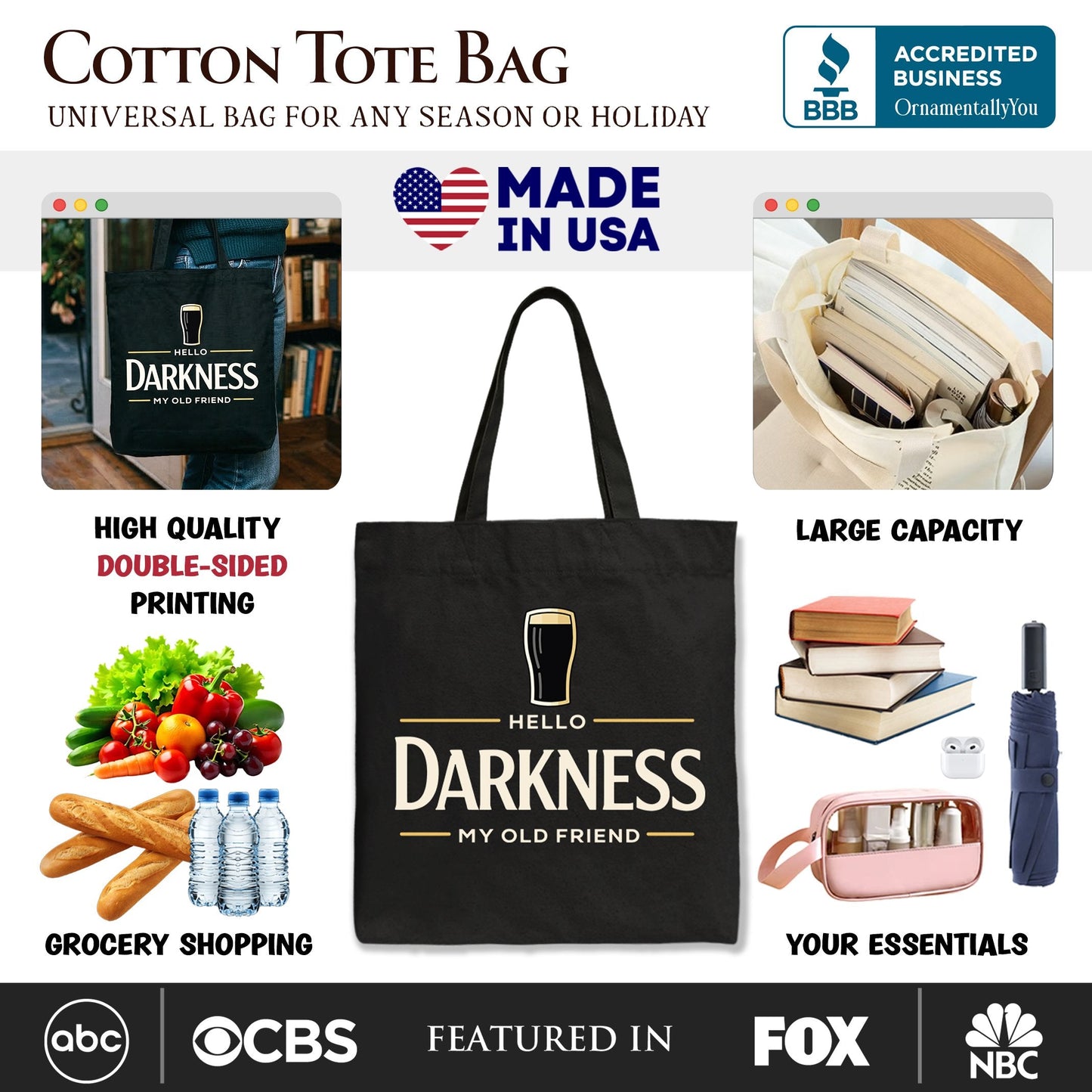 Hello Darkness My Old Friend Tote Bag, Dark Beer Lover Gift Shopper
