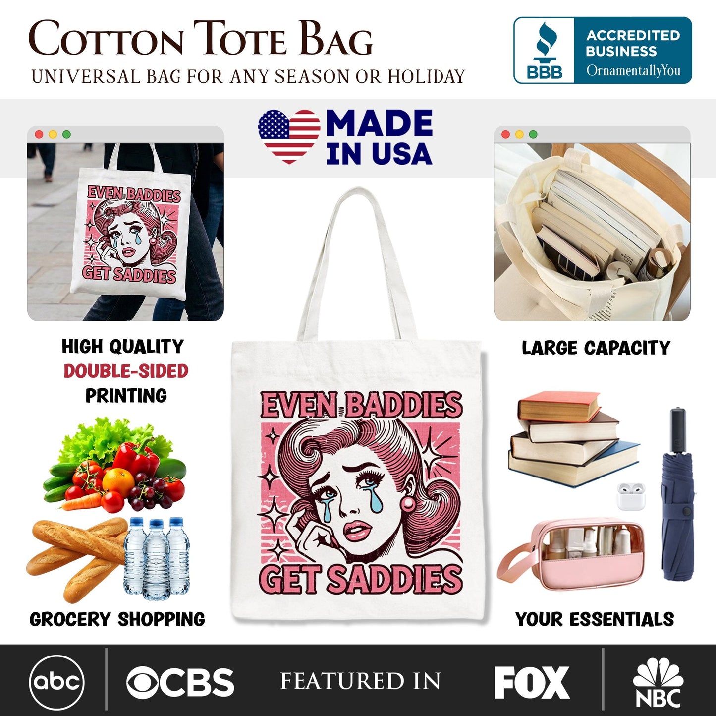 Even Baddies Get Saddies Tote Bag, Retro Crying Girl Pop Art for Stylish and Emotional Women