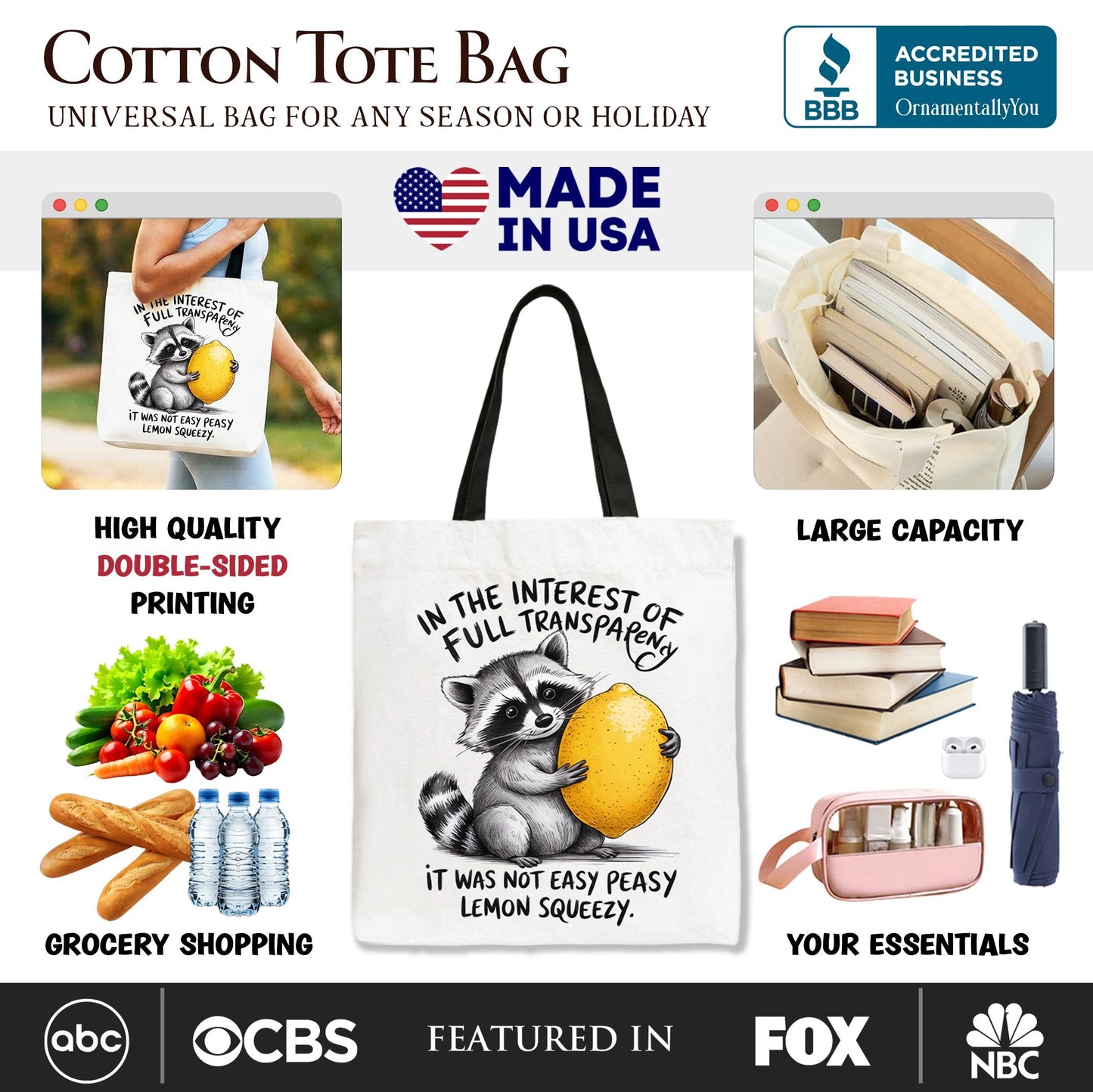 Lemon Squeezy Raccoon Tote Bag, Funny Gift Shopper for Sarcastic People