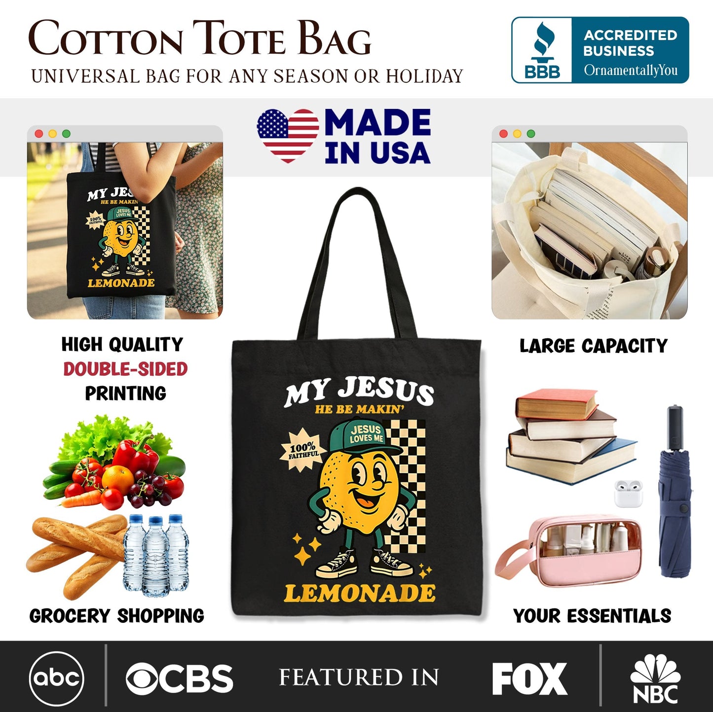 Life Gave Me Lemons Jesus Lemonade Tote Bag, Funny Christian Faith Retro Gift Shopper