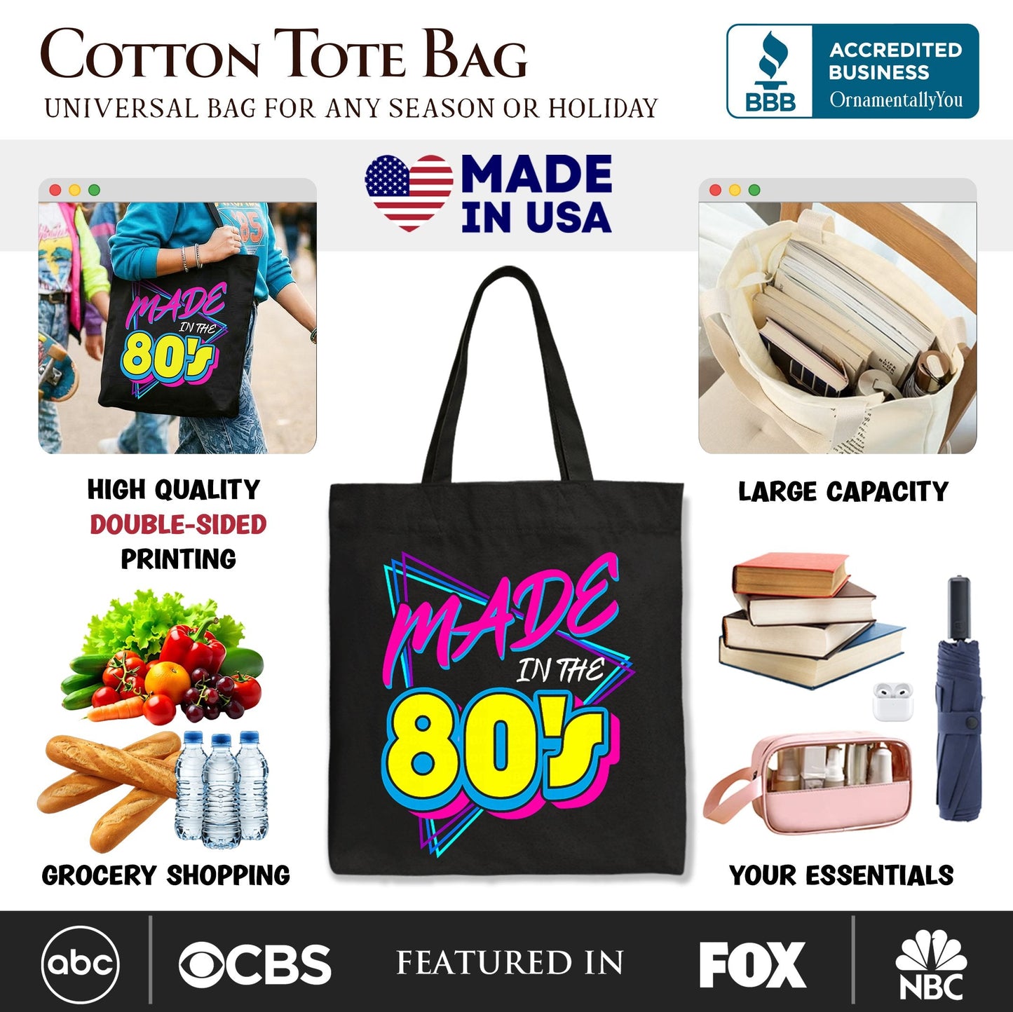 Made In The 80s Tote Bag, Neon Retro Eighties Kid Gift Shopper