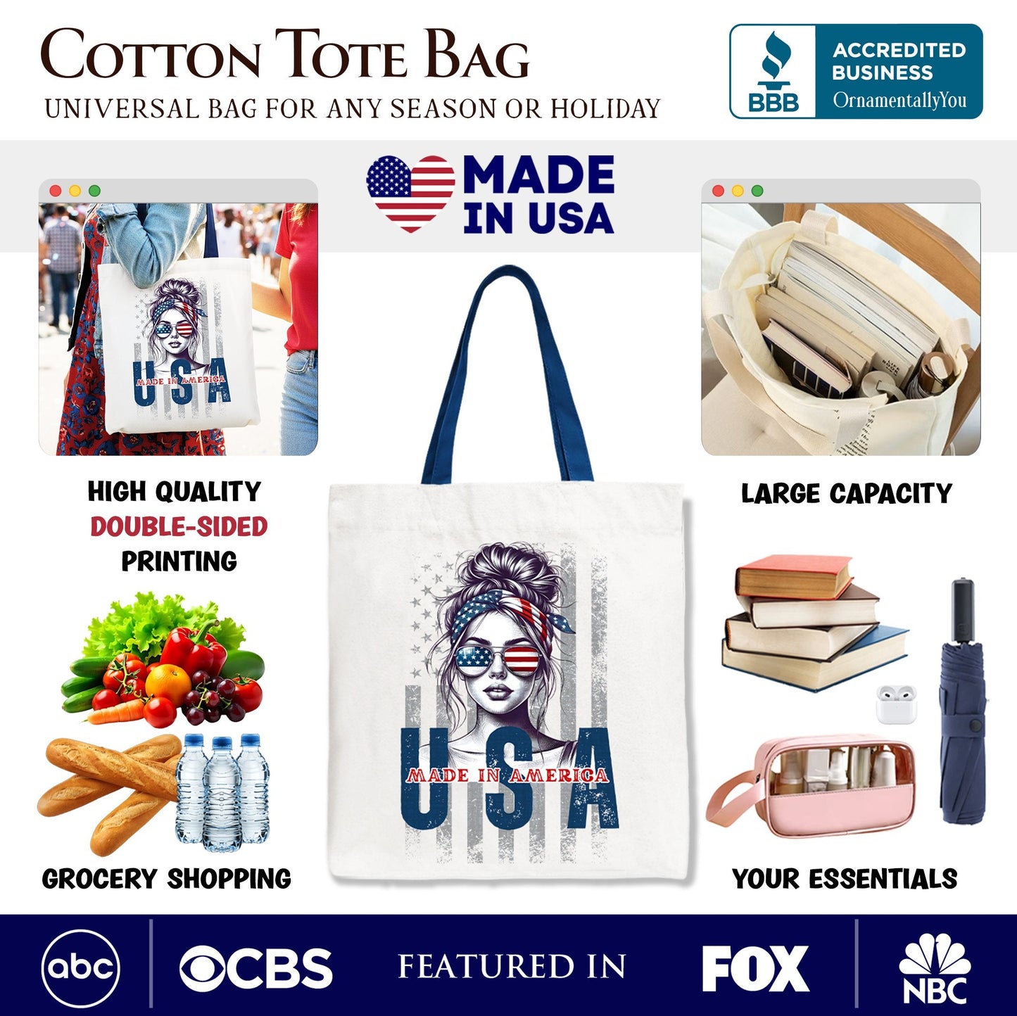 Made in America Messy Bun Tote Bag, Retro 4th of July White Patriotic Gift Shopper