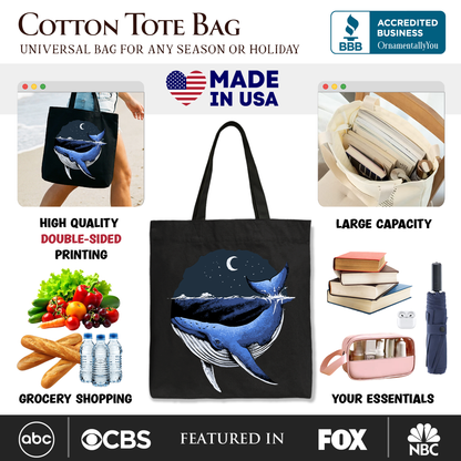 Moonlit Whale Vintage Tote Bag, Night Ocean Retro Gift Shopper