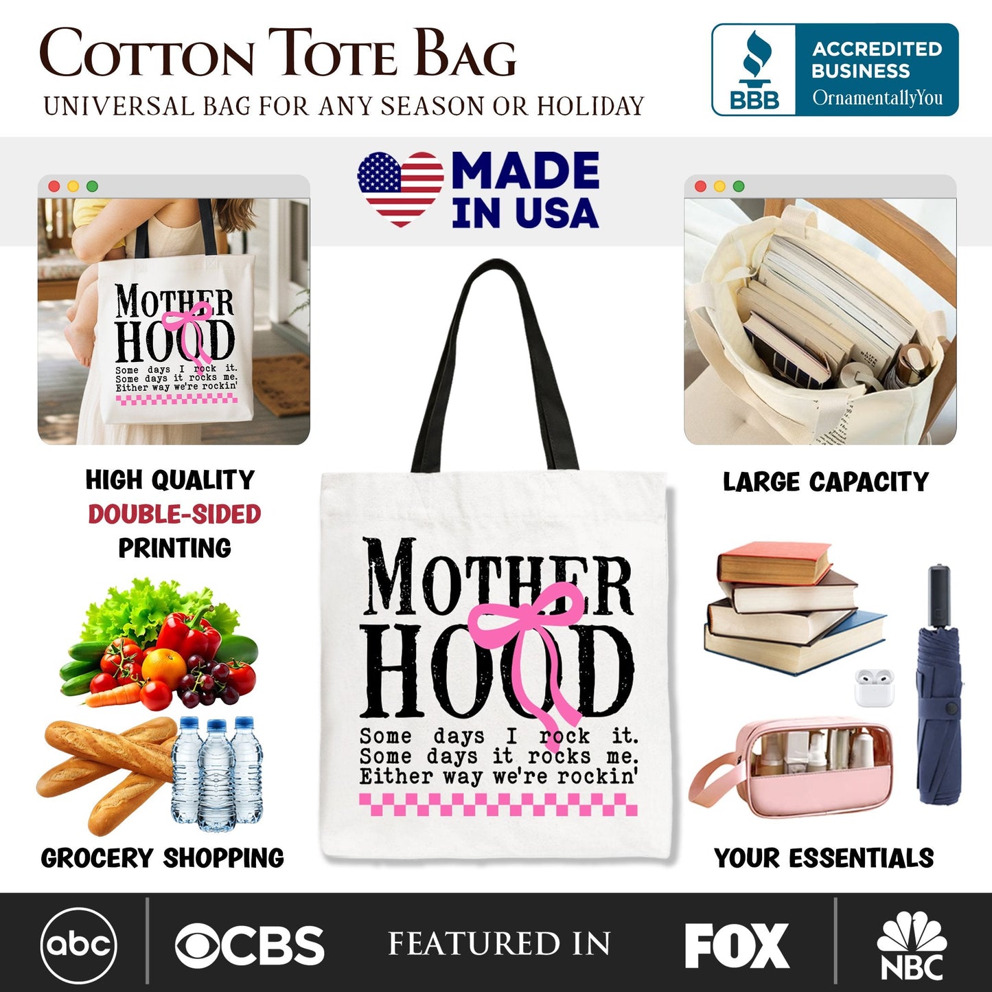 Motherhood Coquette Pink Bow Tote Bag, Retro Checkered Gift Shopper